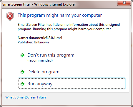 First prompt from IE9 when attempting to install Durametric. First prompt from IE9 when attempting to install Durametric.